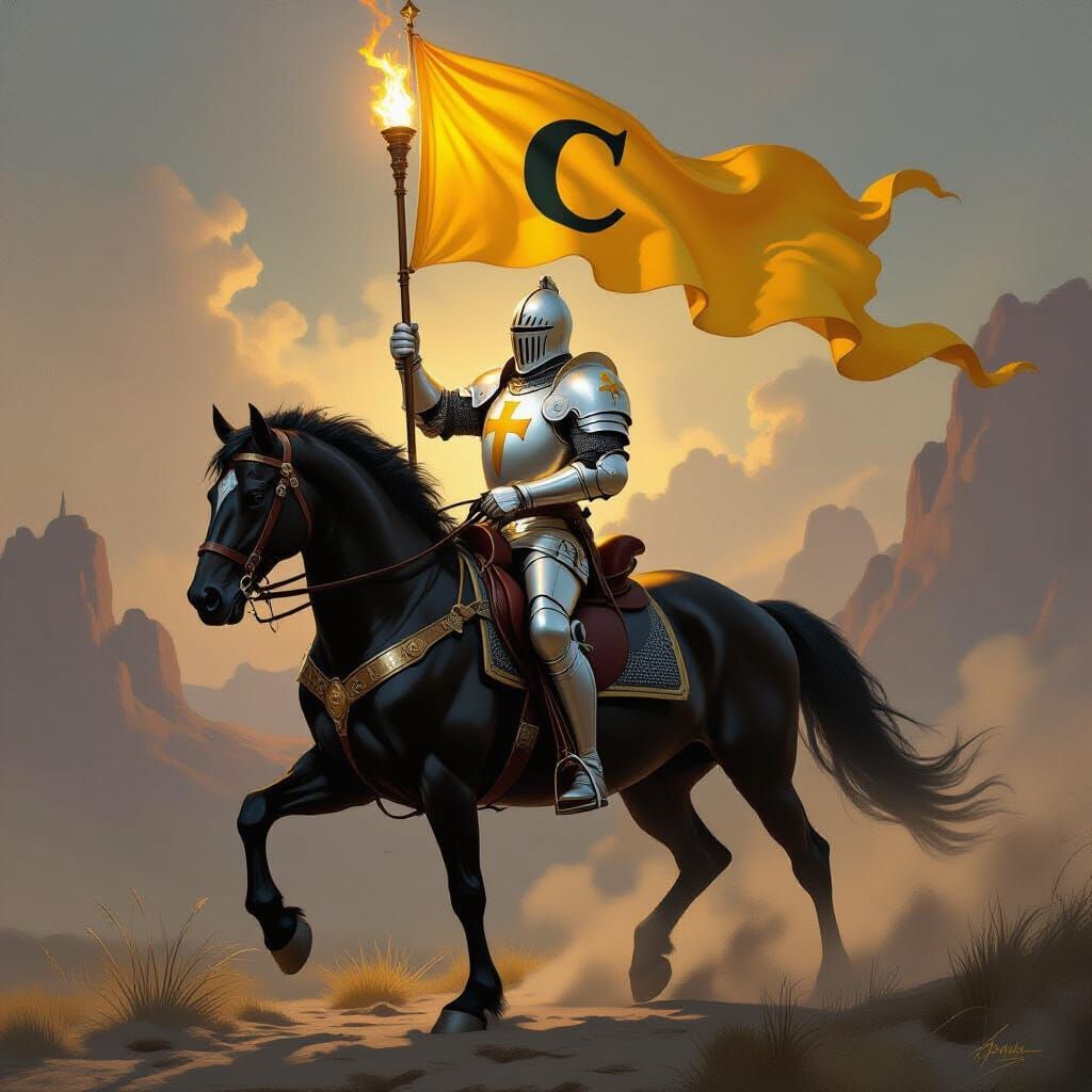 Knight with Yellow C and Torch Banner in Epic Fantasy Style