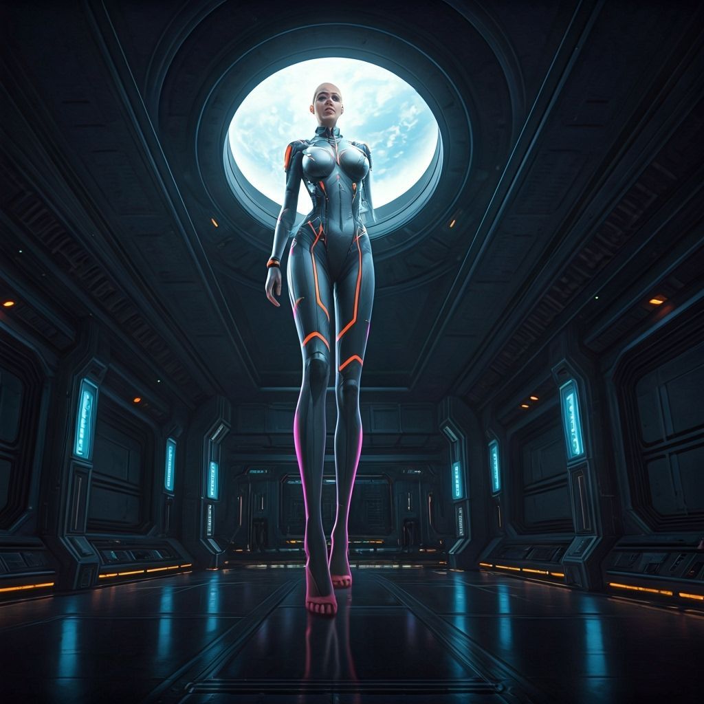 Giantess Posing on Futuristic Space Station in Digital Art