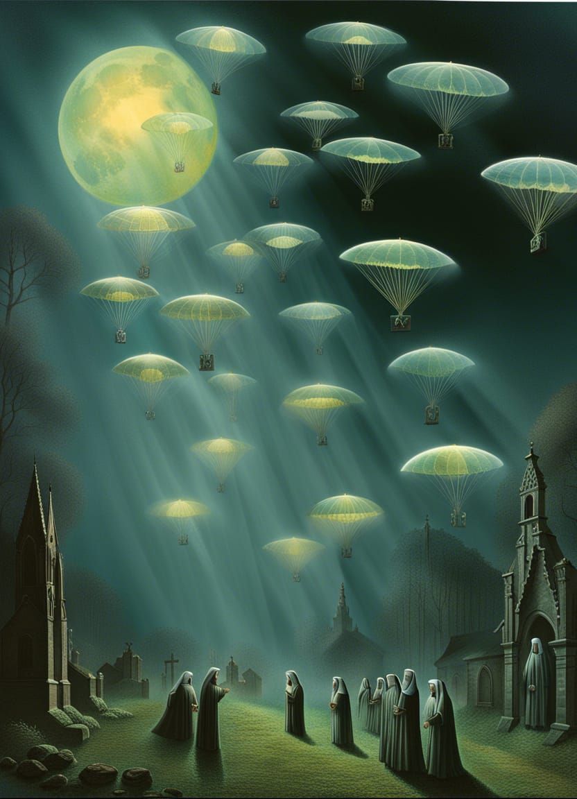 Skydiving Nuns in Graveyard at Night