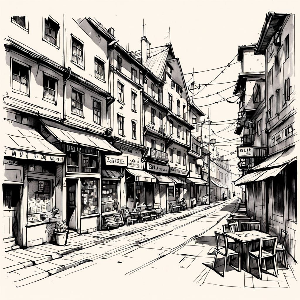 Vintage Urban Sketch of a City Street Scene in Ink Drawing S...