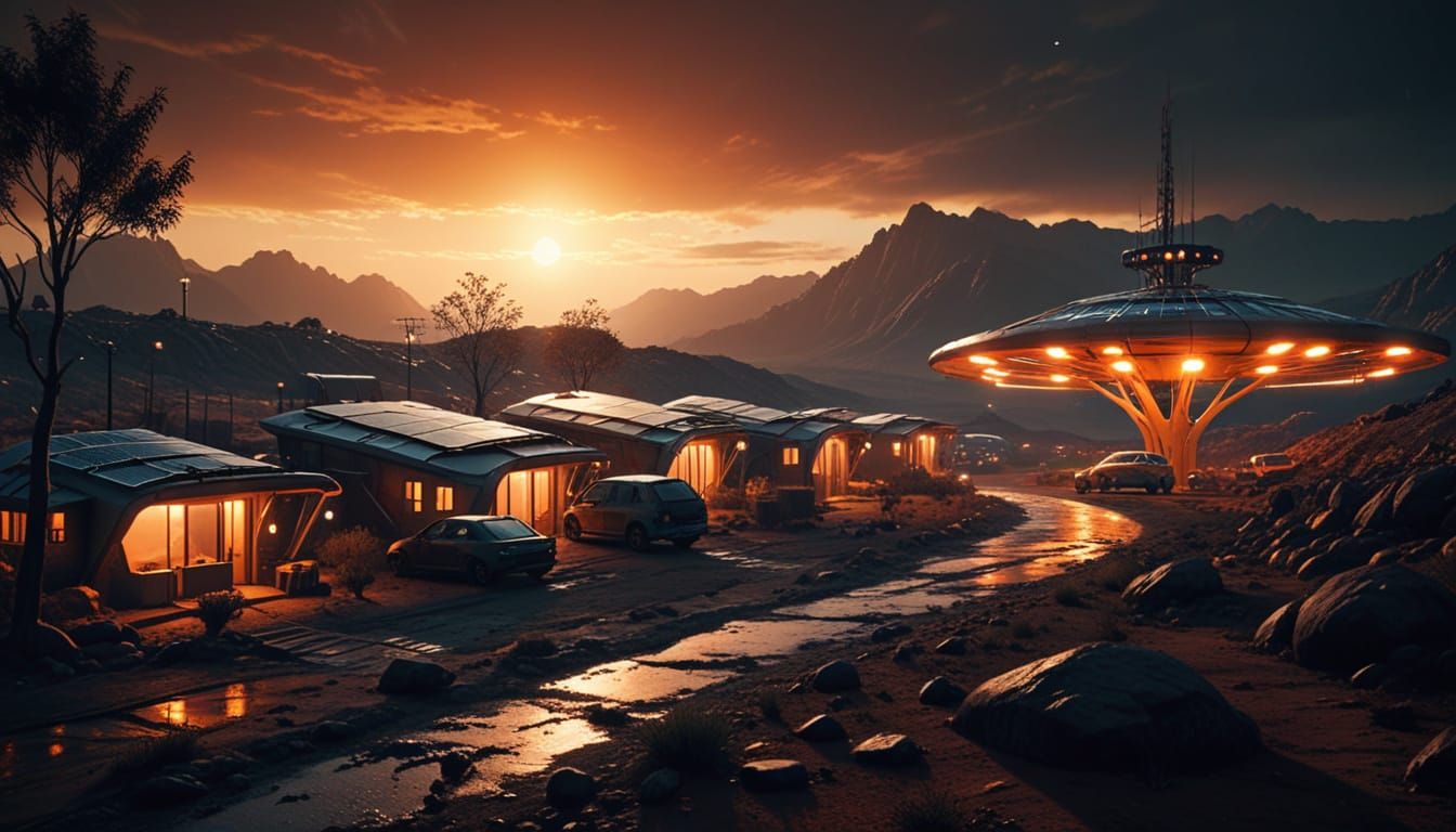 Futuristic Solarpunk Settlement Under Celestial Glow