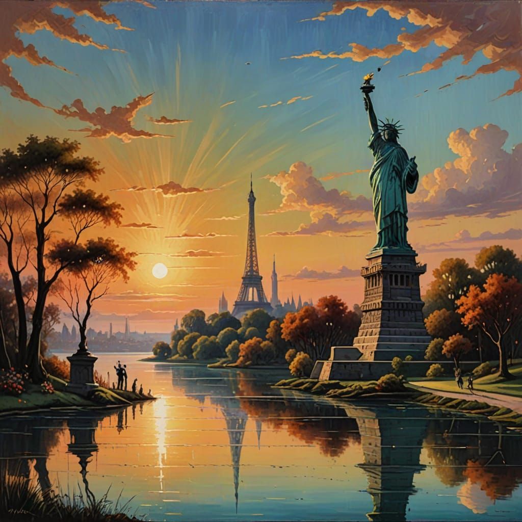 Italian Gothic Lake Scene with Iconic Landmarks