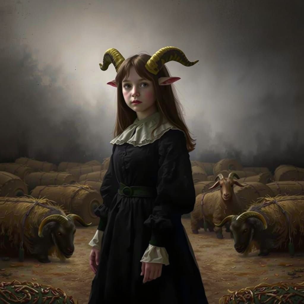 Girl and Goat in Dark Fantasy Landscape