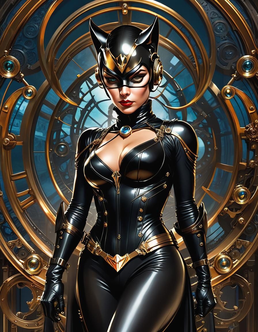 Steampunk Catwoman Portrait in Hyperrealistic Style