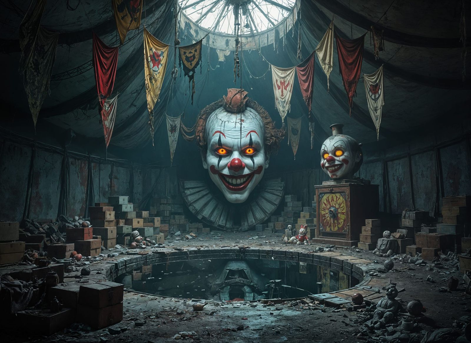 Abandoned Carnival Tent With Creepy Clown Reflection