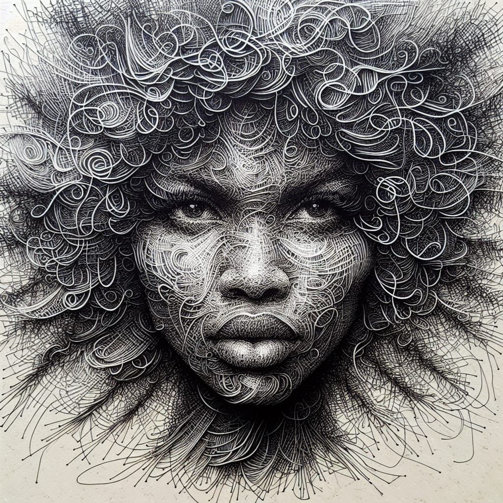 Intricate Pen Drawing of Woman in Scribble Art Style