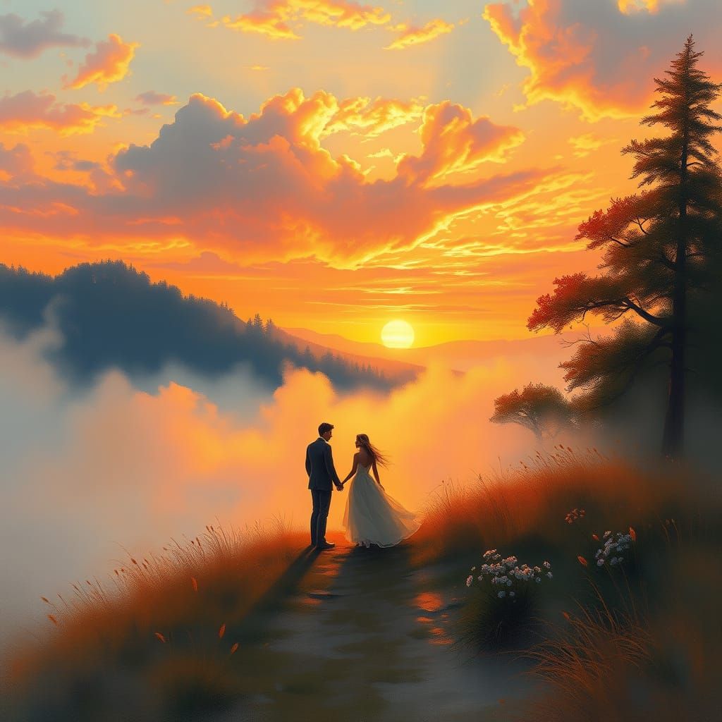 Ethereal Sunset Landscape with Romantic Couple