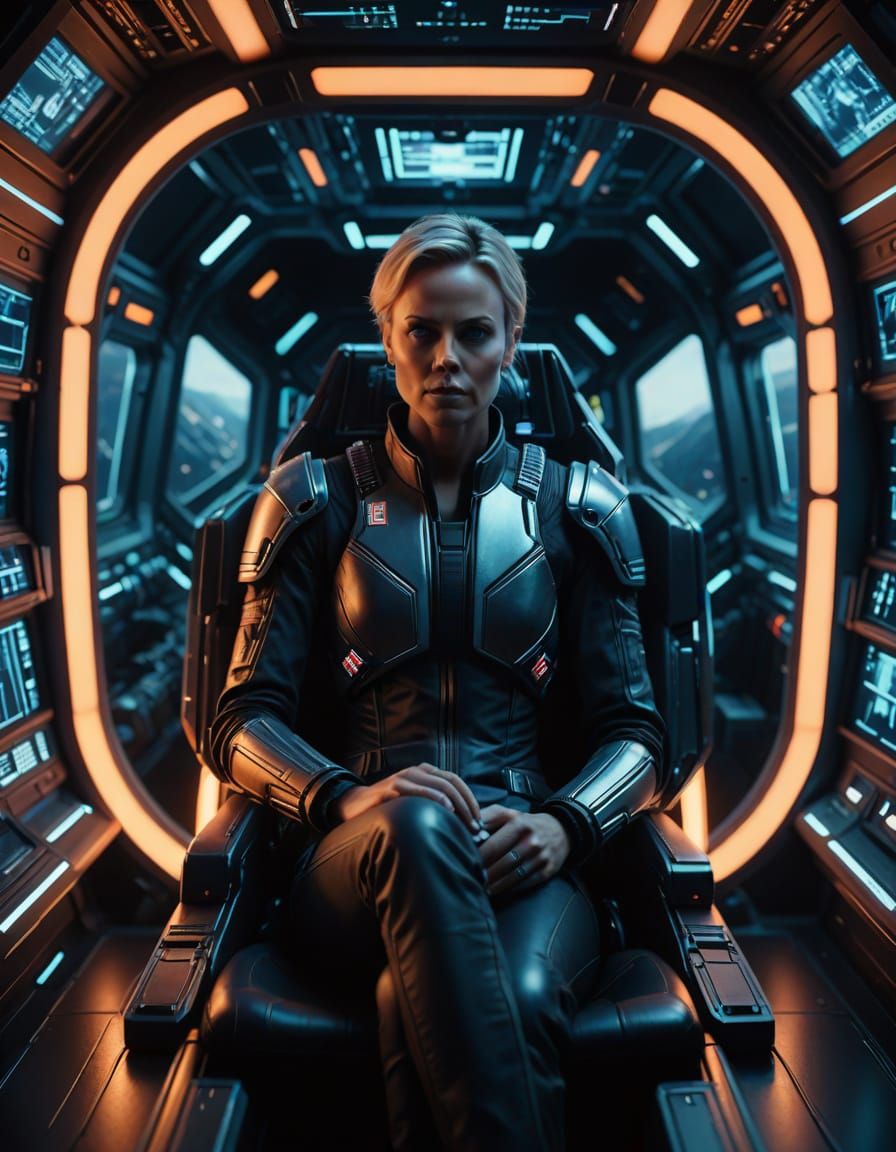 Charlize Theron in a Futuristic Spaceship Cockpit