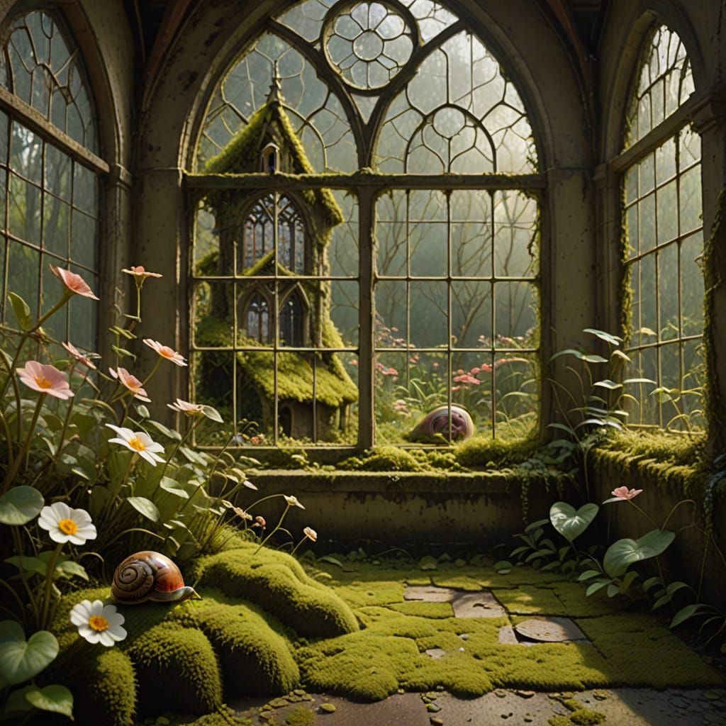 Surrealist Greenhouse Scene with Church Window