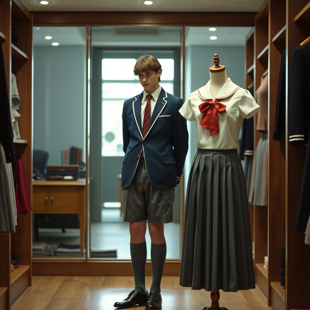Dapper Gentleman Contemplates Elegant Schoolgirl Uniform in ...