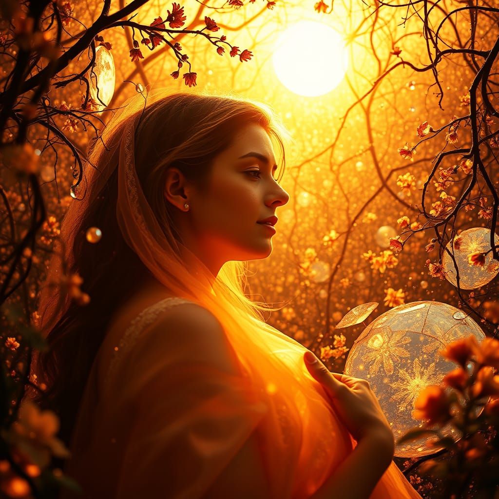 Surreal Goddess in a Golden Labyrinth of Light and Flowers