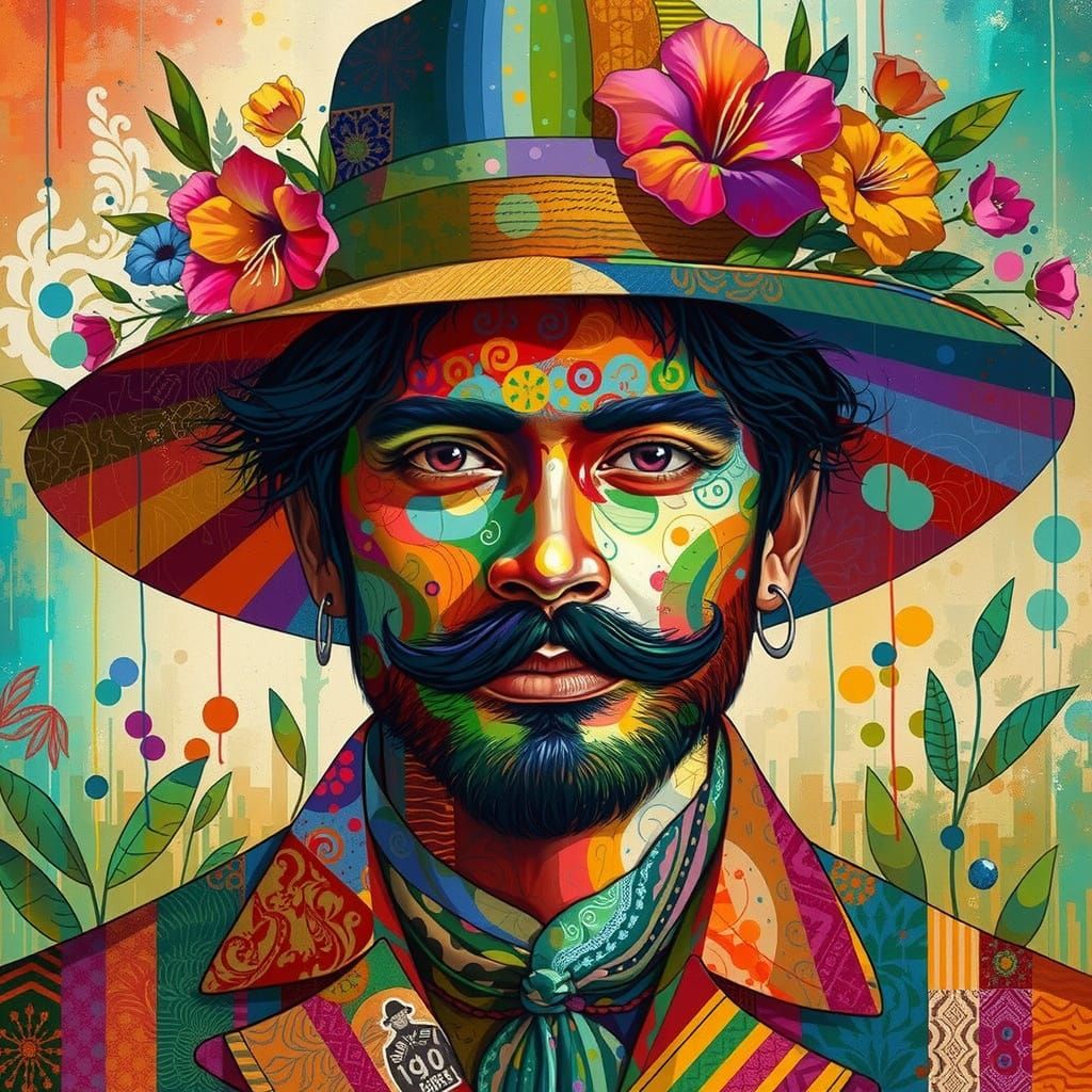 Surreal Portrait of a Man in Vibrant Floral Attire