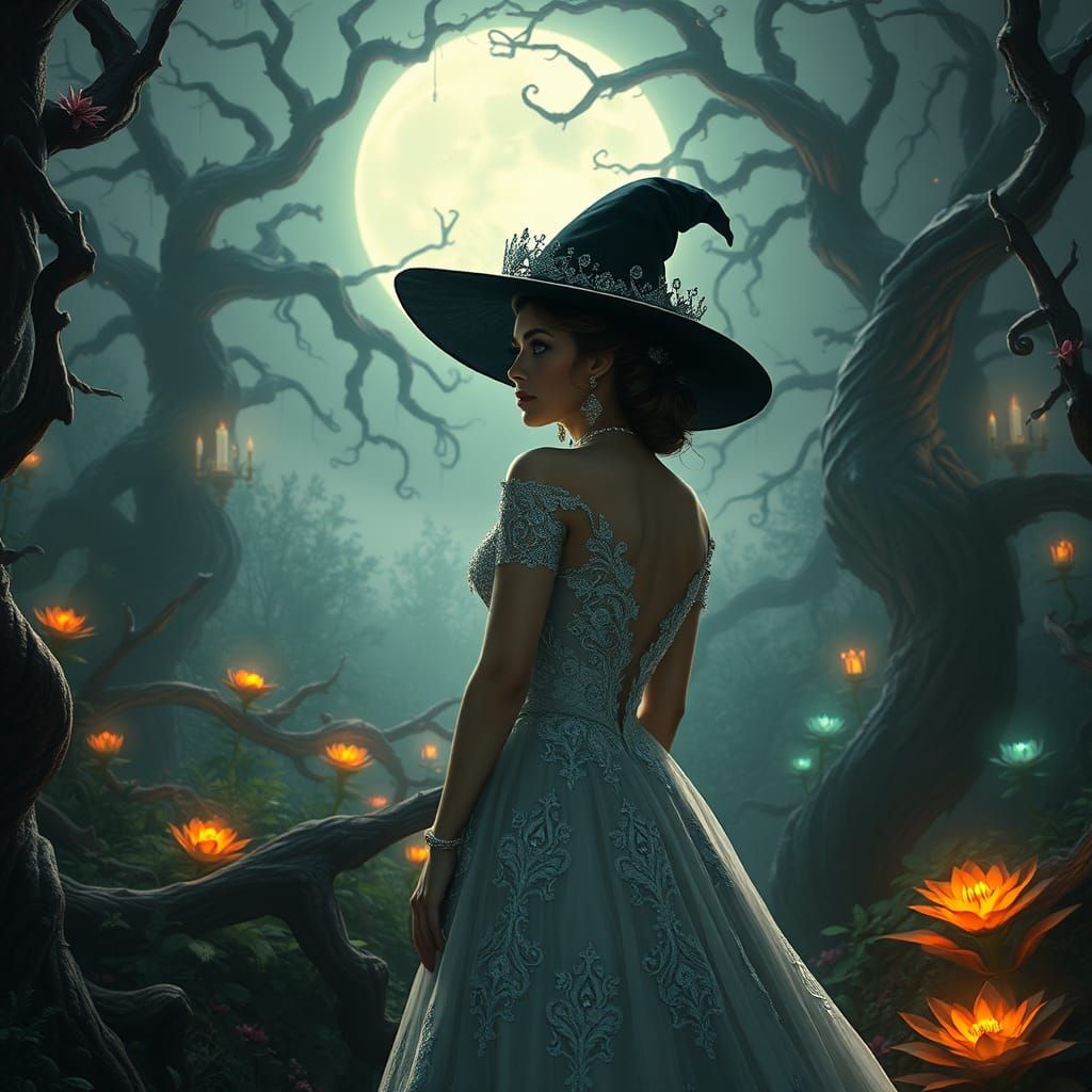 Mystical Witch Bride in Moonlit Garden
