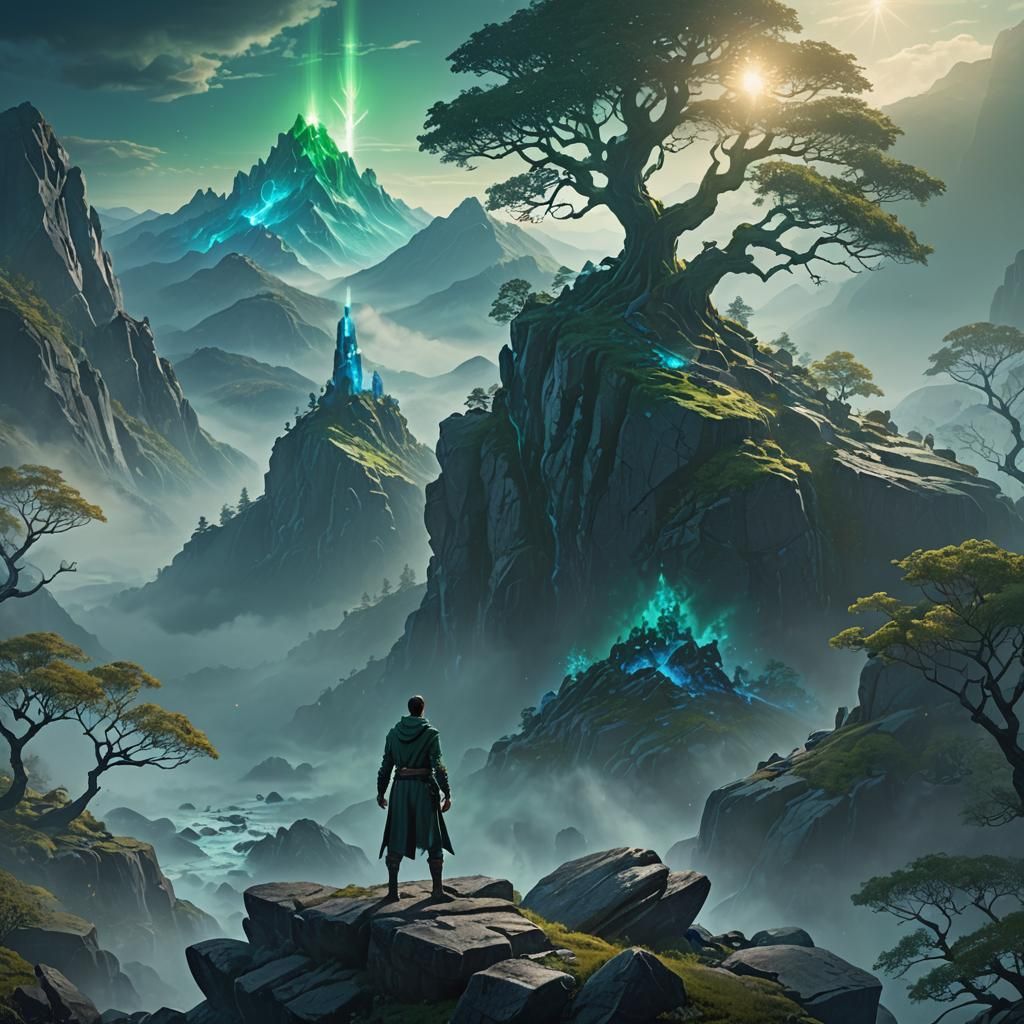 Ethereal Mountains and Glowing Trees in Emerald and Sapphire
