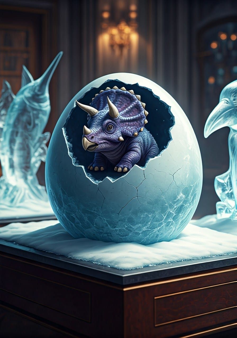 Emerging Triceratops in Crystal Ice Egg