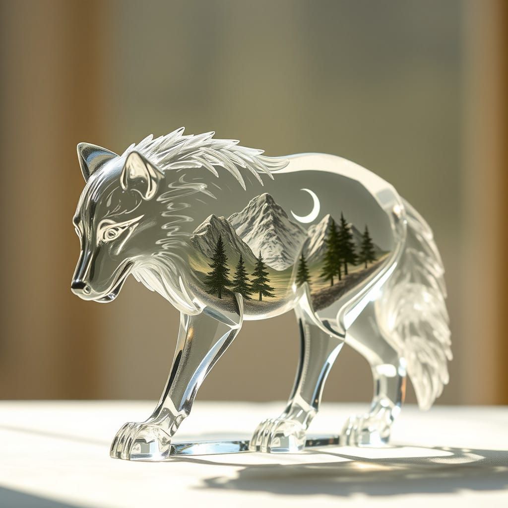 Ethereal Glass Wolf Sculpture with Snowy Mountain and Moon