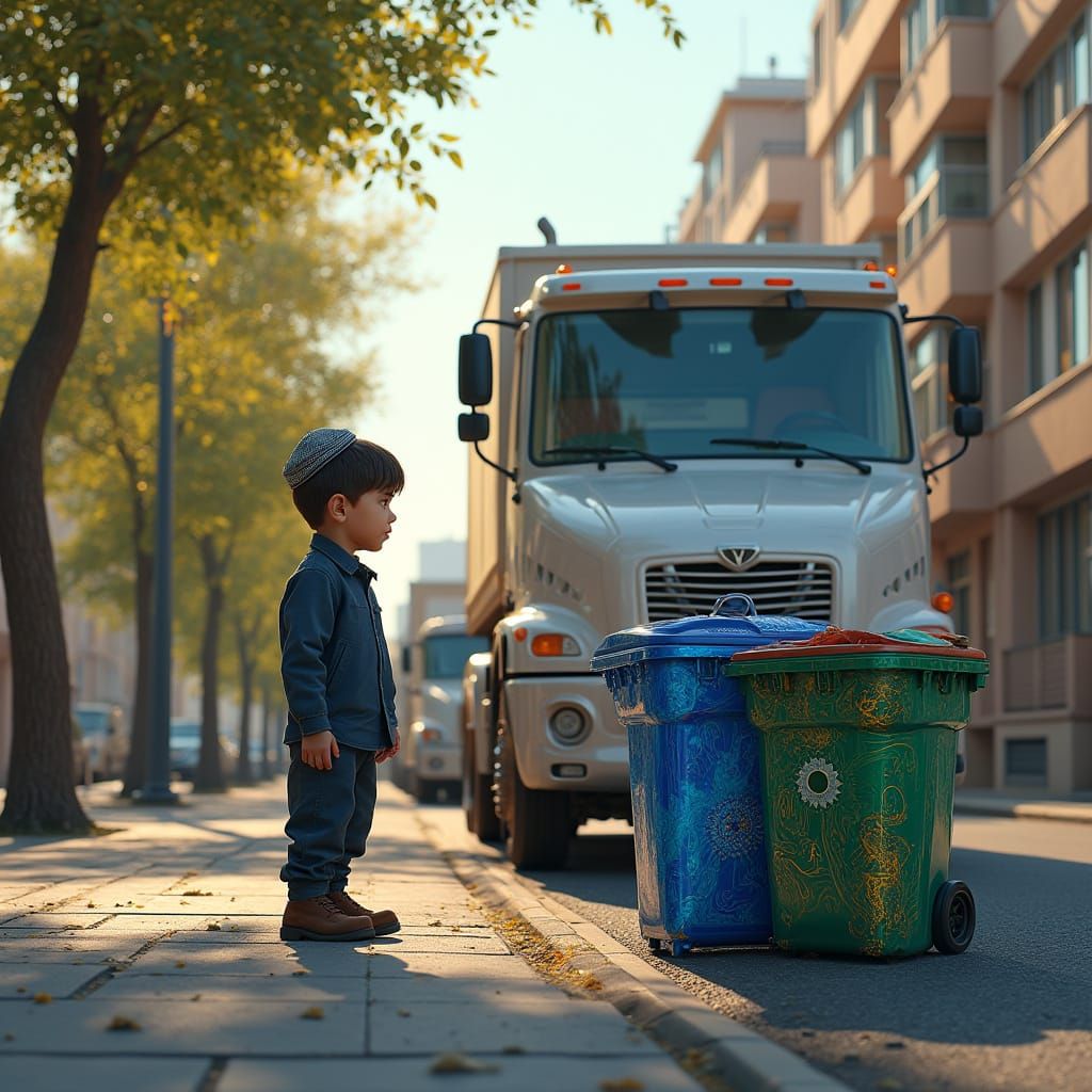 Young Orthodox Boy Marvels at Vibrant Garbage Truck in Urban...