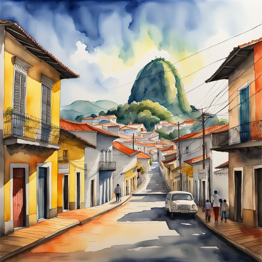 Brazilian Street Scene in Watercolor Style