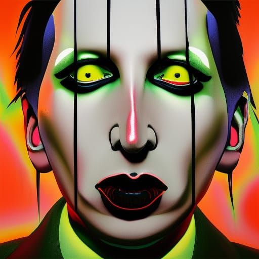 "Marilyn Manson" cel-shaded, new school, ultra glossy, sharp focus, airbrush, Art of Illusion, 3D shading, glossy, neon ...