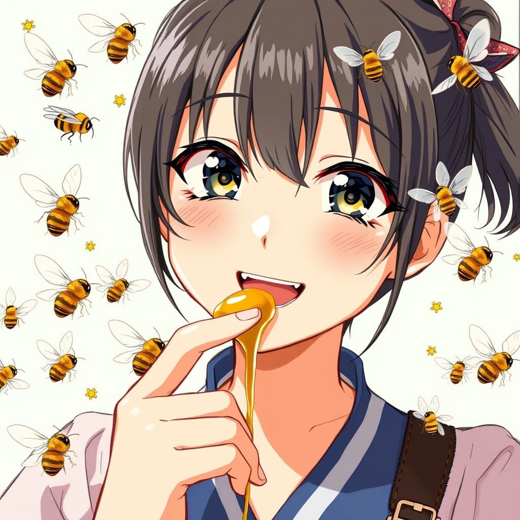 Surreal Anime Girl Savoring Sweetness with Swarming Bees