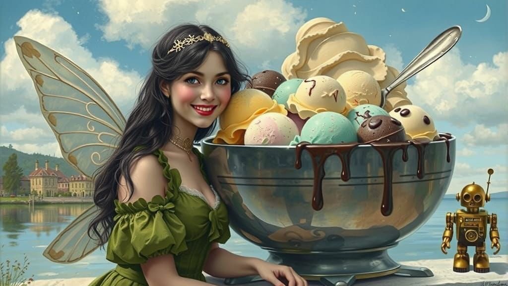 Victorian Fairy with Ice Cream, Oil Painting Style
