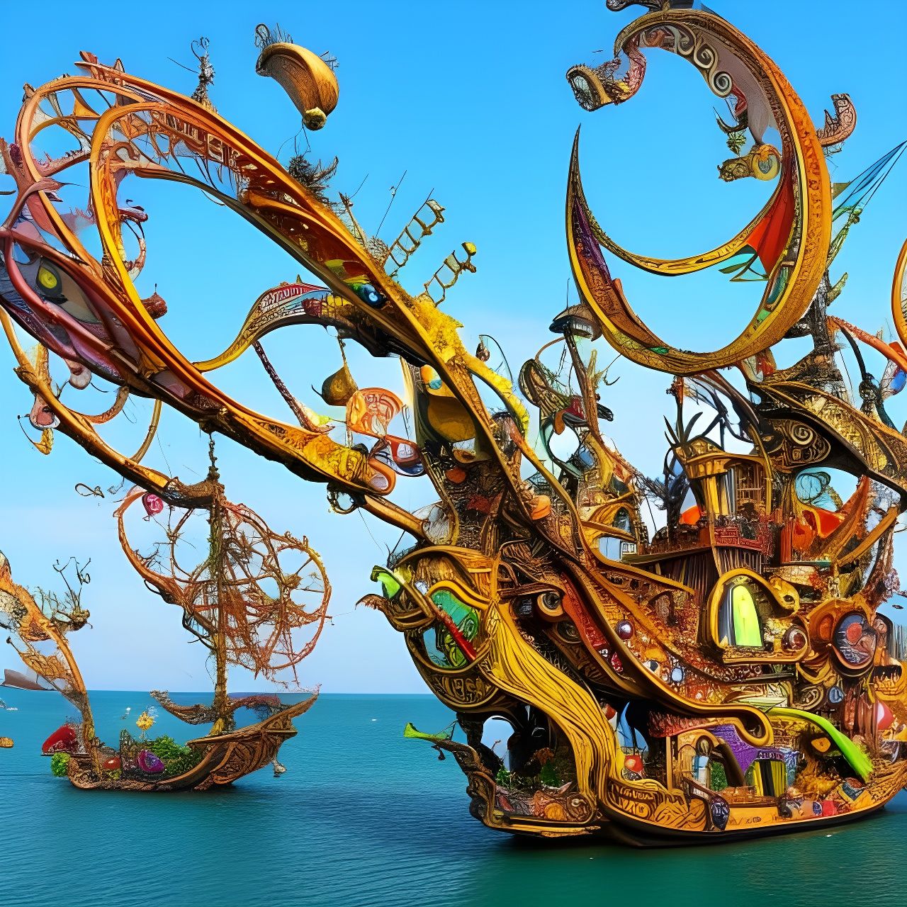 Whimsical Steampunk Pirate Fleet on River