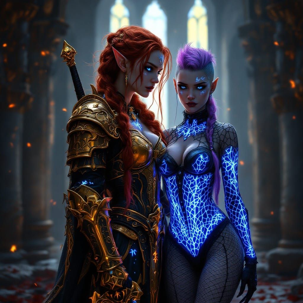 Ethereal Goth Elf Warriors in Immersive Dark Castle Backdrop