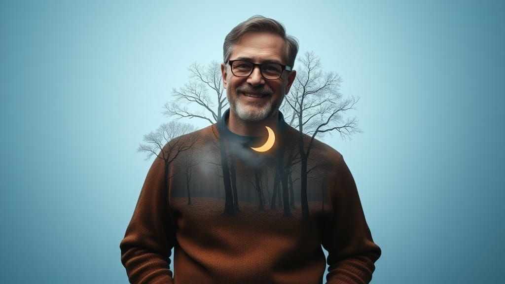 Double Exposure: Serene Man with Dreamlike Forest