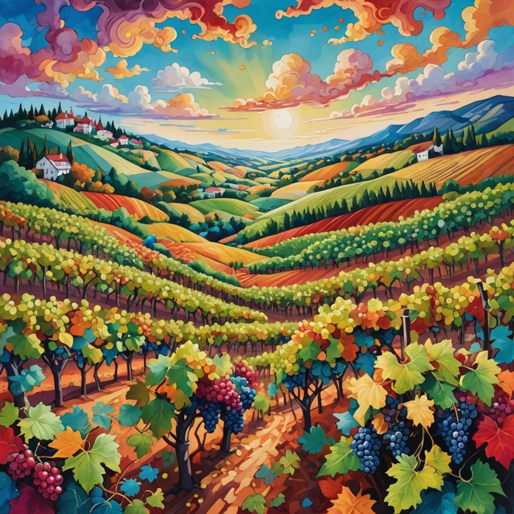Vibrant Candyland Vineyard Gouache Painting