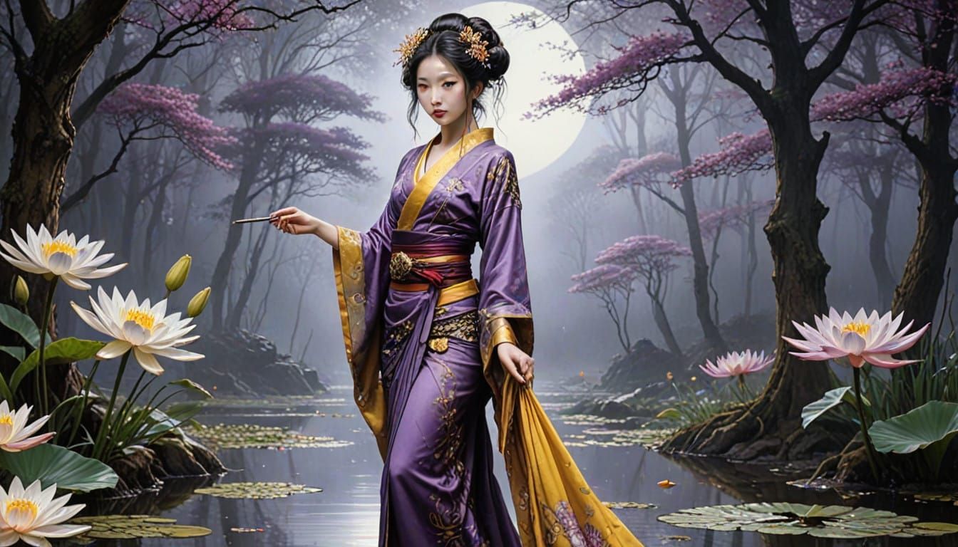 Enchanted Geisha in Vibrant Kimono Touches Celestial Reflect...