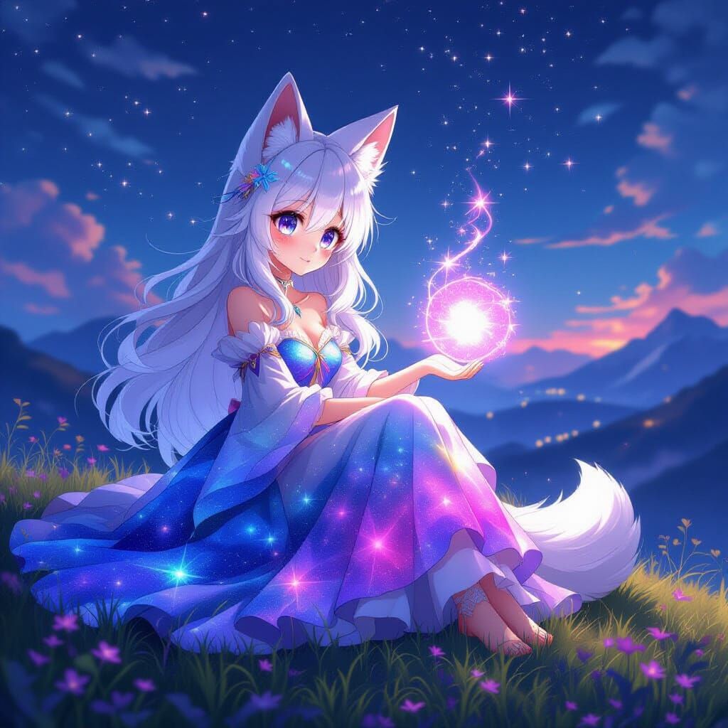 Dreamy Anime Fox Girl in Galaxy Dress