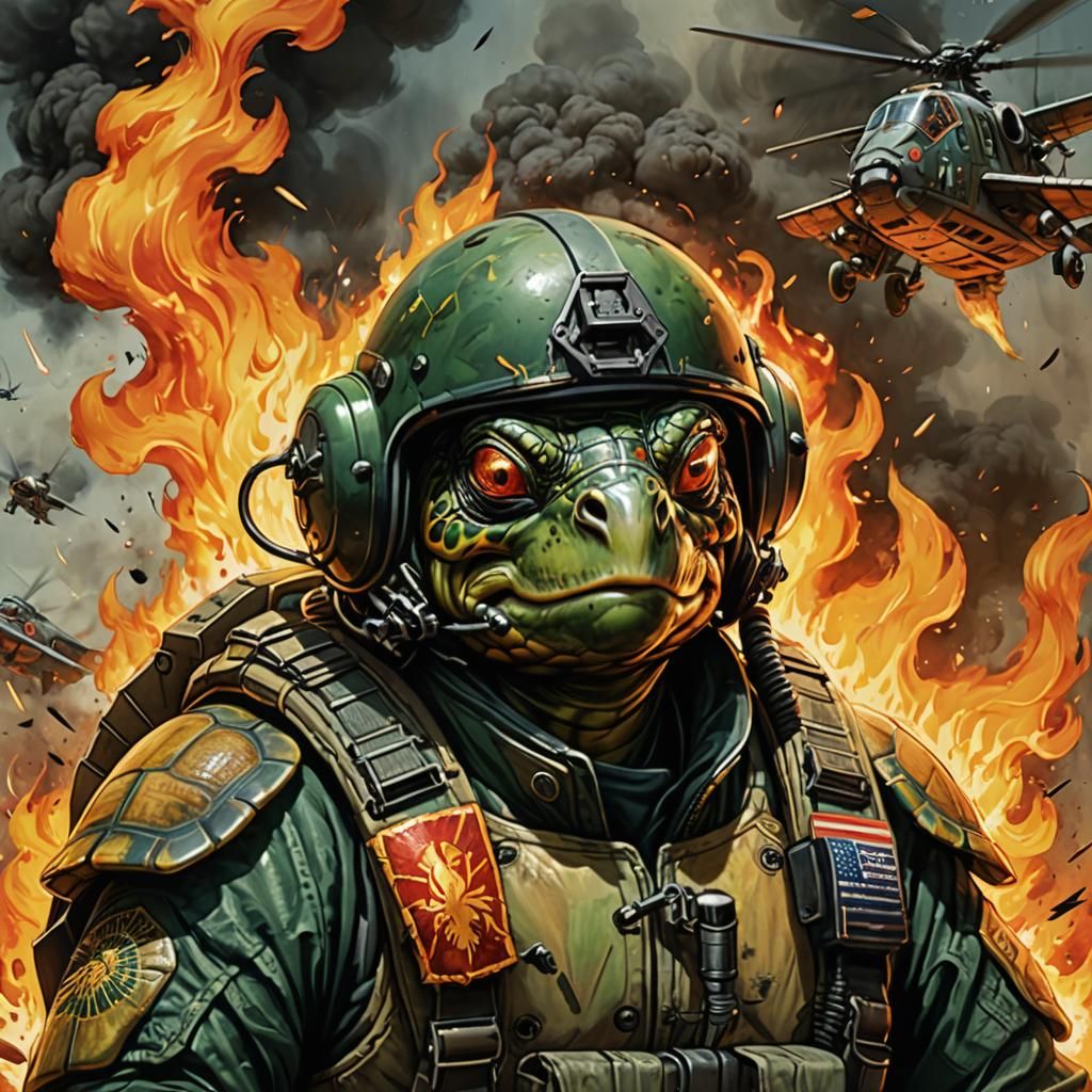 Turtle Fighter Pilot Crying Flames: AI Art