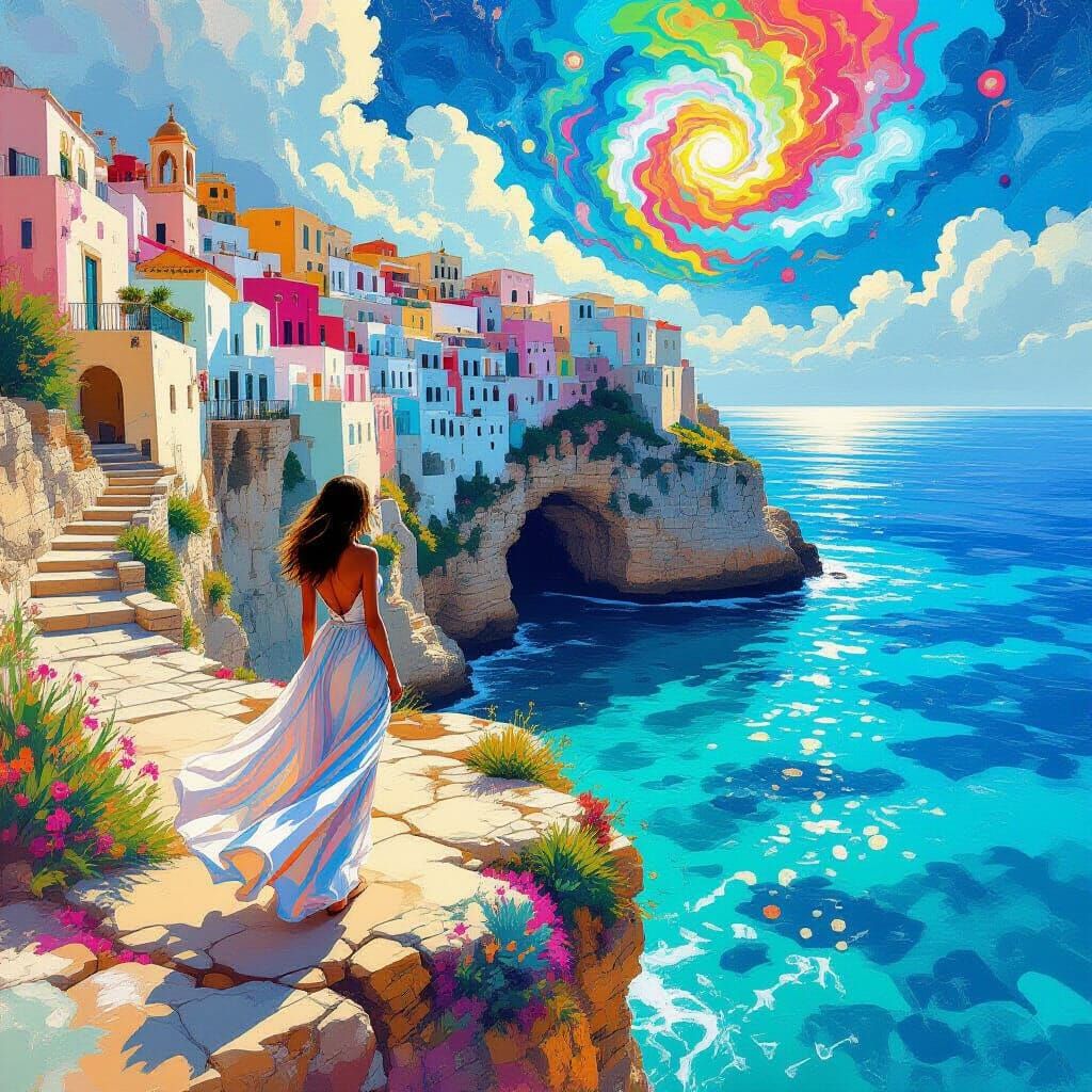 Woman on Cliff Overlooking Sea in Psychedelic Style