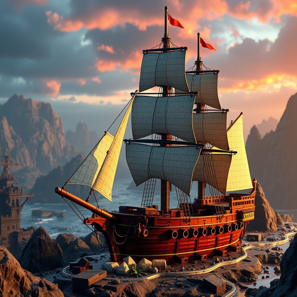 Majestic LEGO Sailship in HDR, Fantasy Concept Art Style