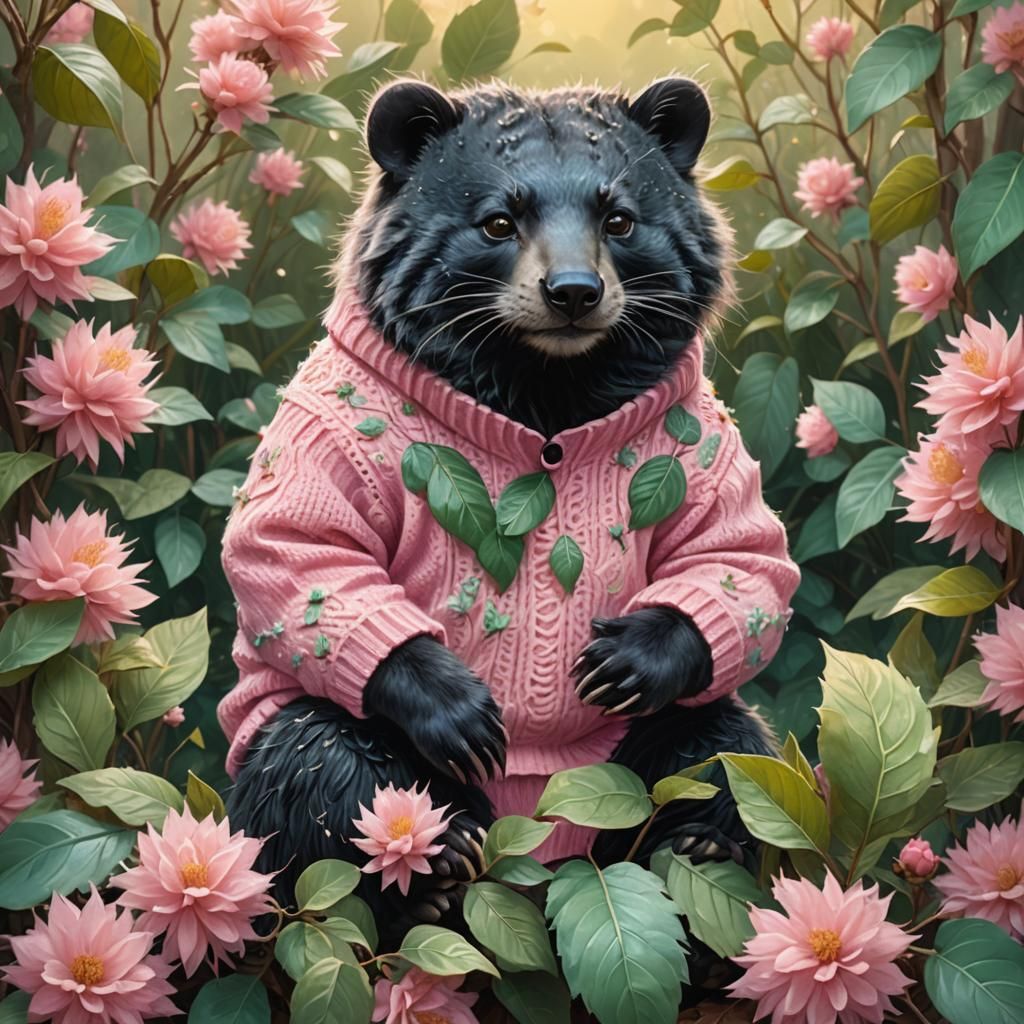 Binturong in Sweater with Mint Leaves as Oil Painting