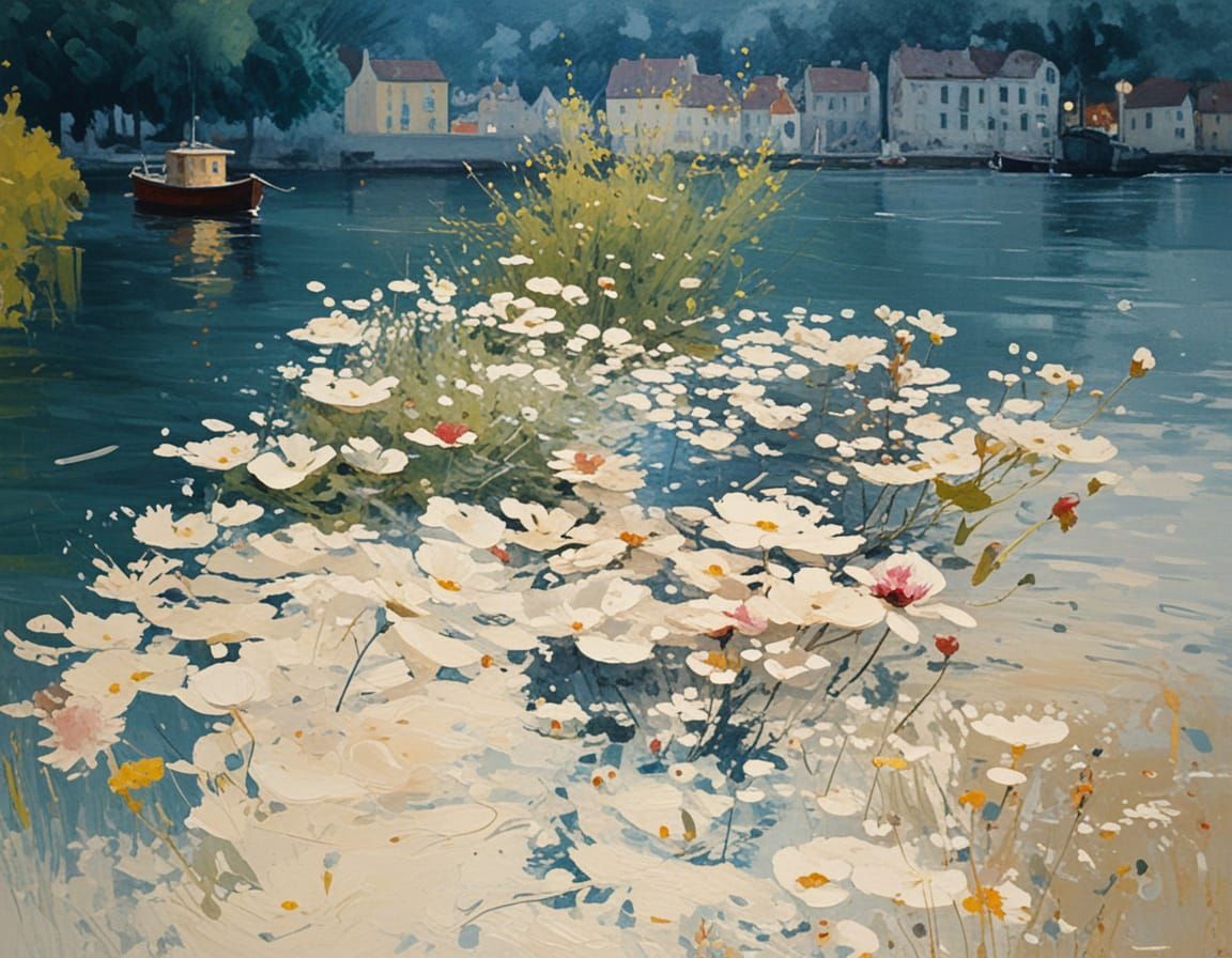 Impressionist Houseboat in Harbor with Vibrant Flowers