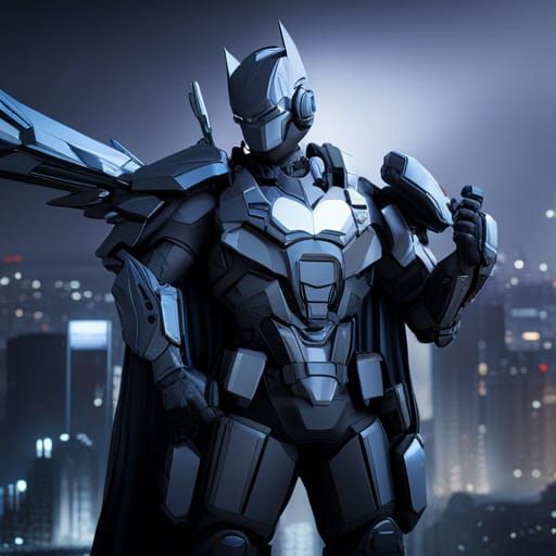 Batman Mecha Suit with High-Tech Weapons in Sci-Fi Scene