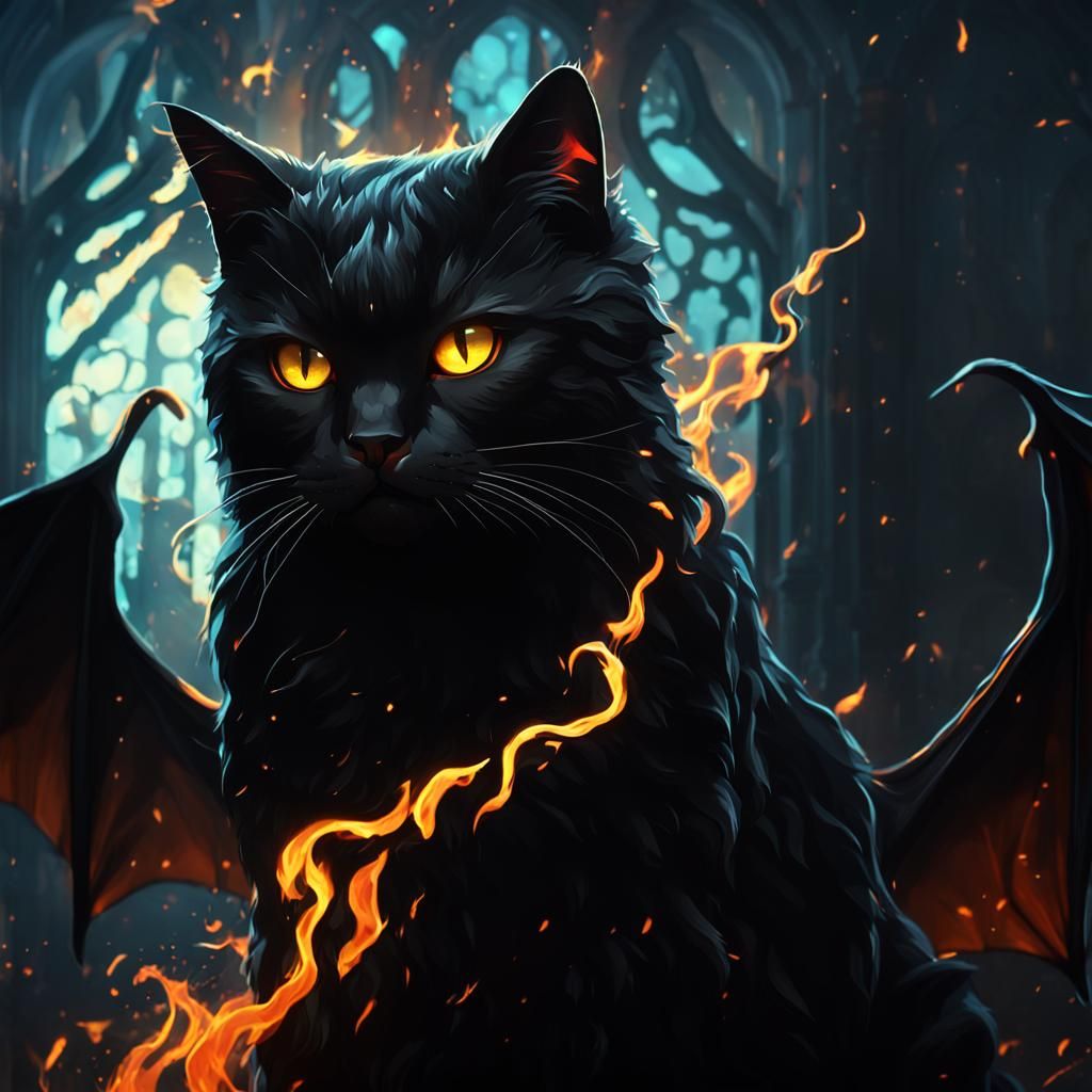 Realistic fire breathing black cat with bat wings& realistic...