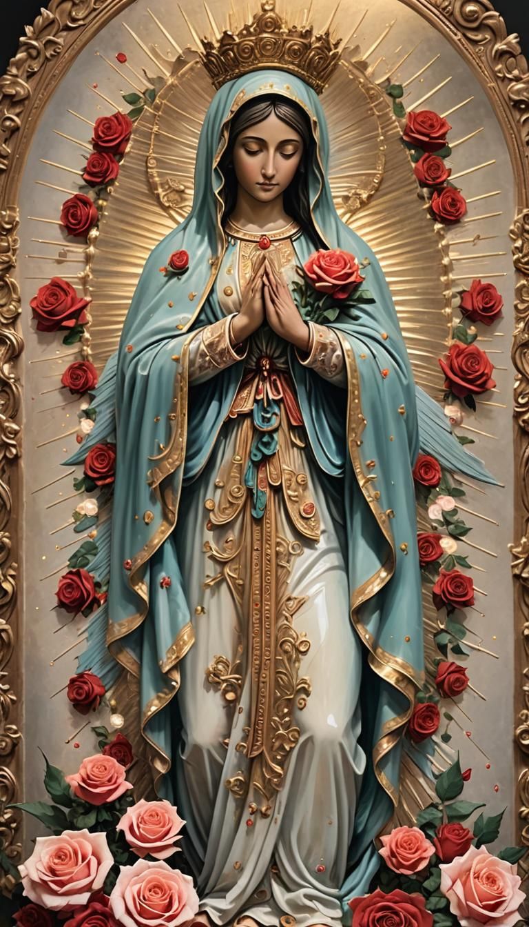 Realistic Mother Mary Radiating Light and Roses