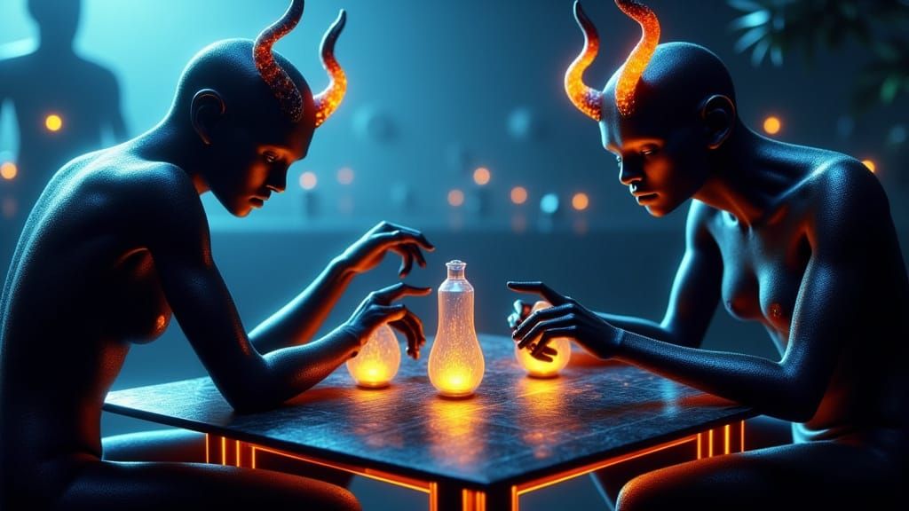 Tall Demons Play 3D Chess in a Mystic, Dreamlike Setting
