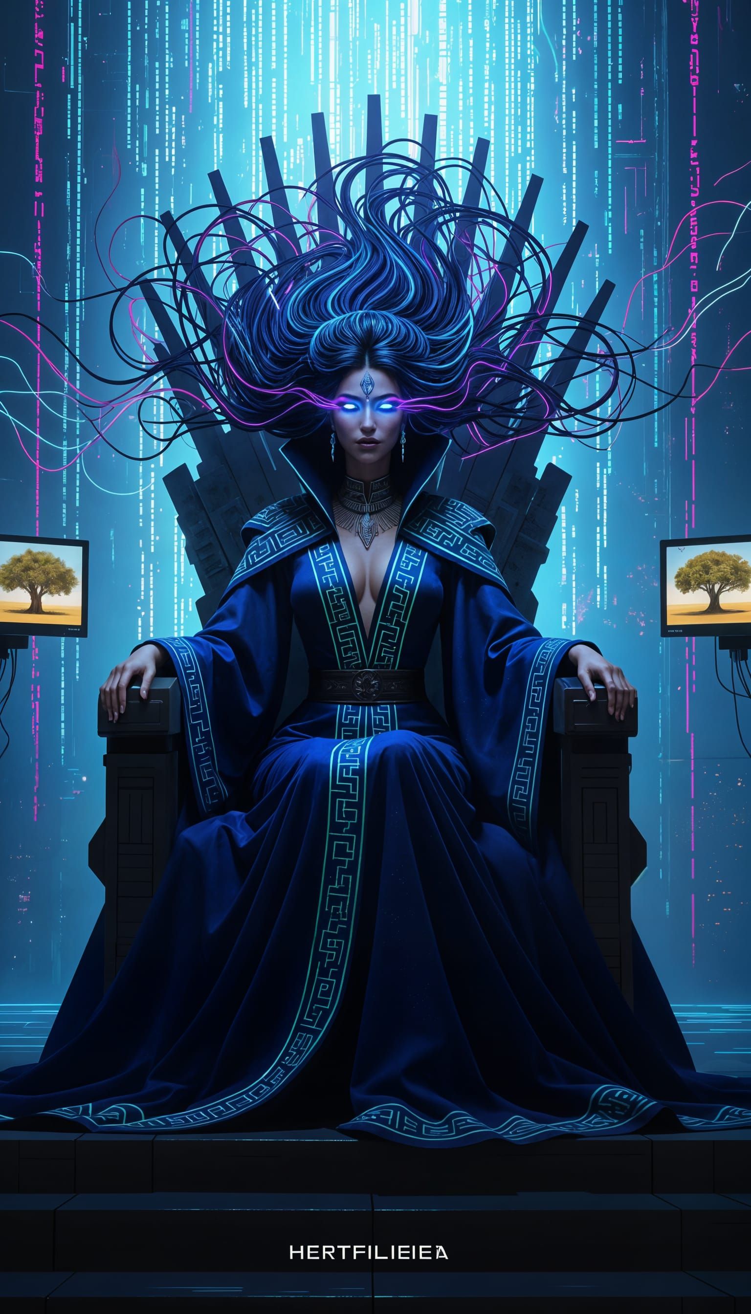 Cyberpunk Regal Woman on Hologram Throne
