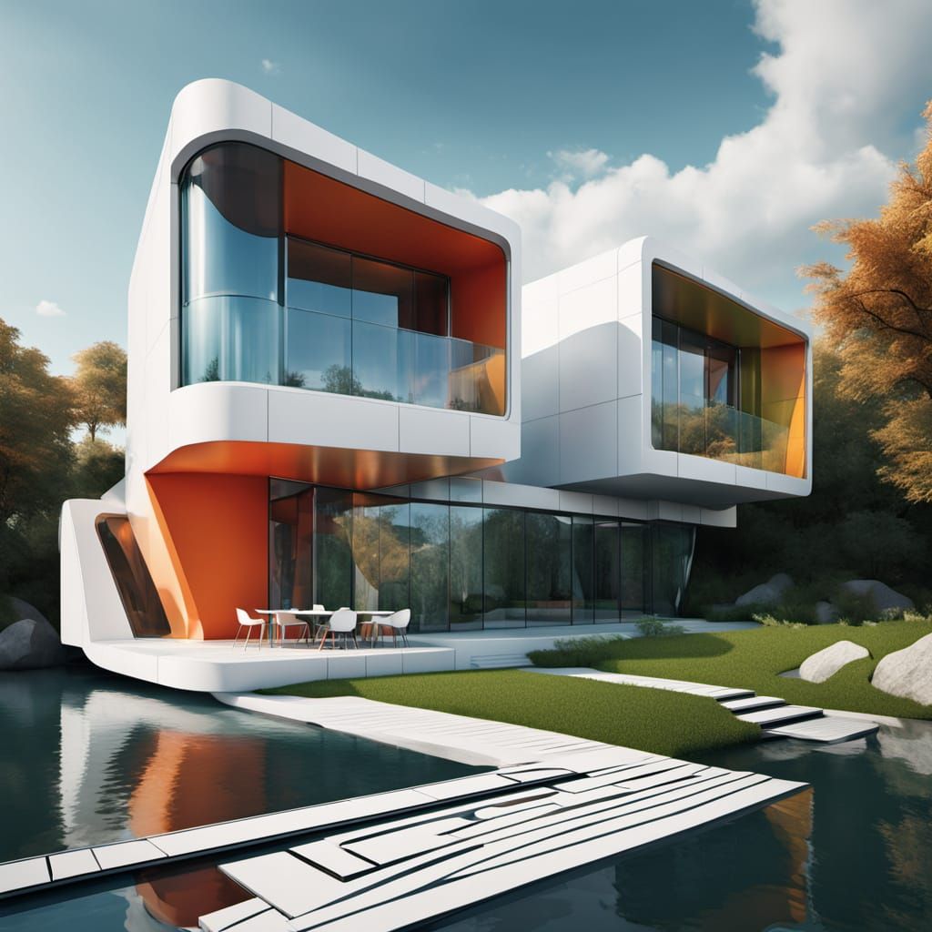 Futuristic Riverbank Abode in Cubist Style