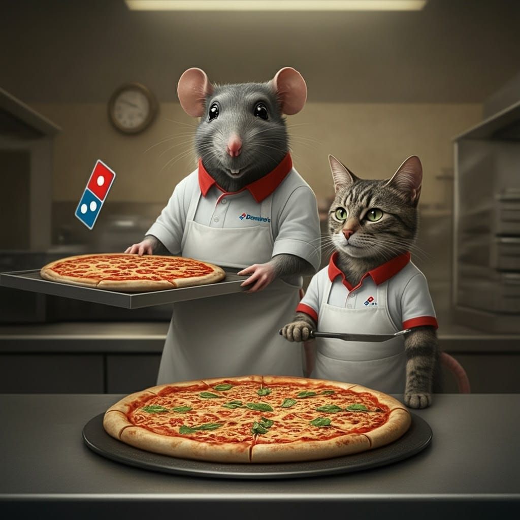 Ratfink Rodents in Domino's Uniforms Making Pizzas
