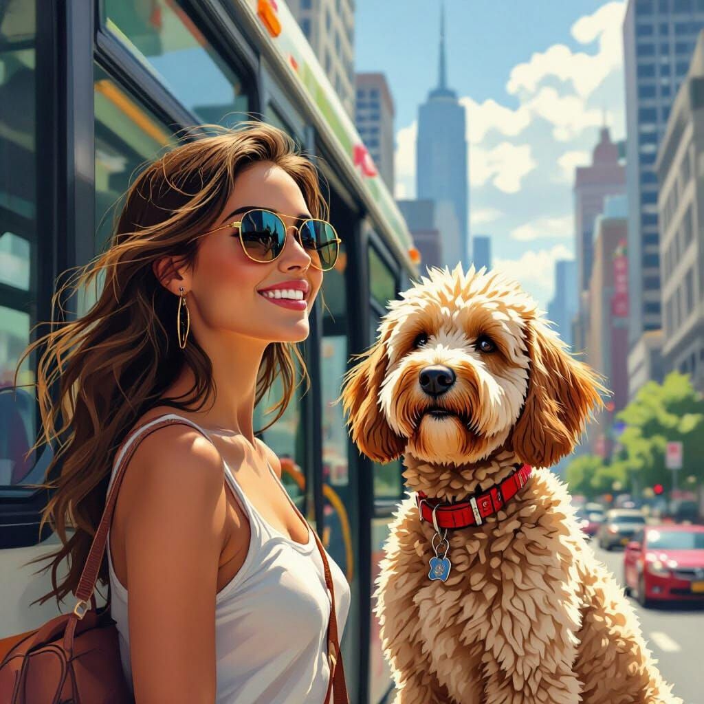 Golden Doodle Boards Bus on Sunny Summer Day