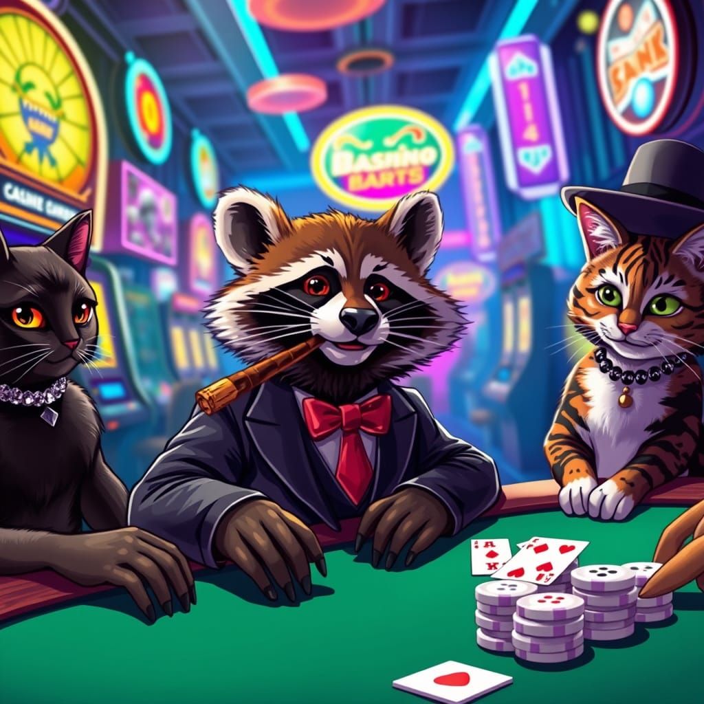 Raccoon and Feline Friends Gamble in Futuristic Casino