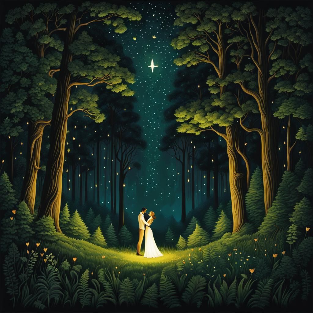 Lovers Dancing Under Stars in Candlelit Forest