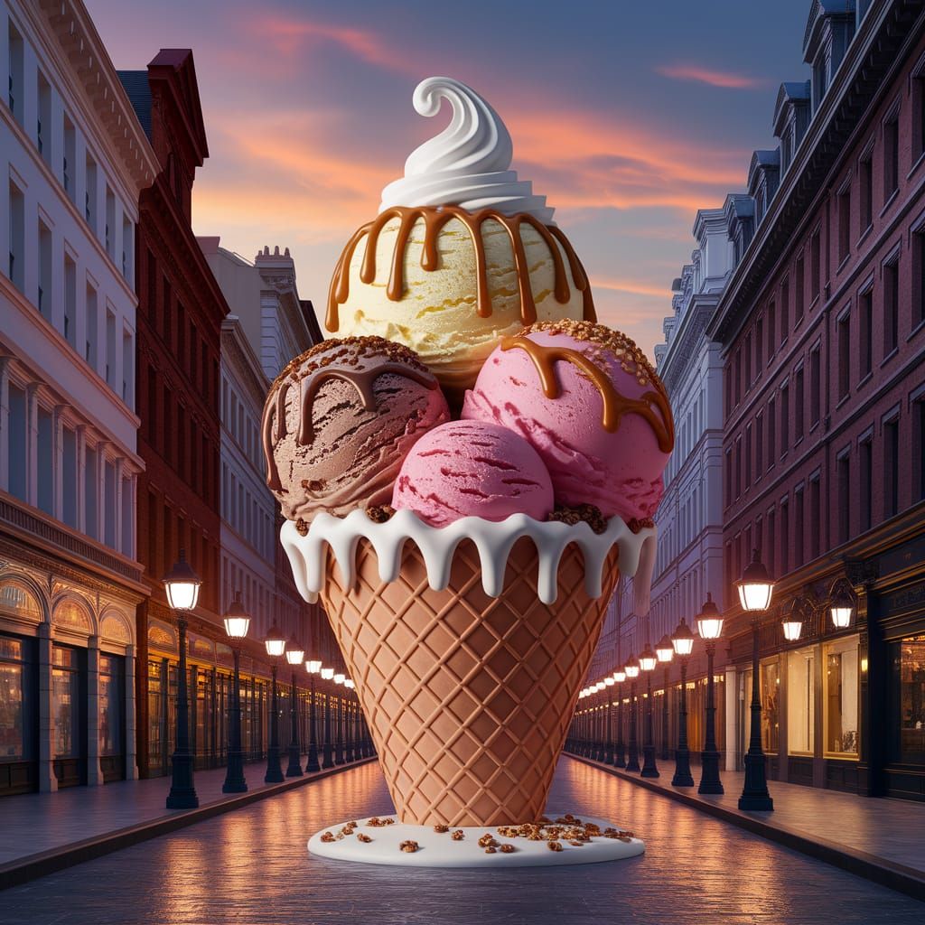 Giant Ice Cream Sundae Building in Golden Light