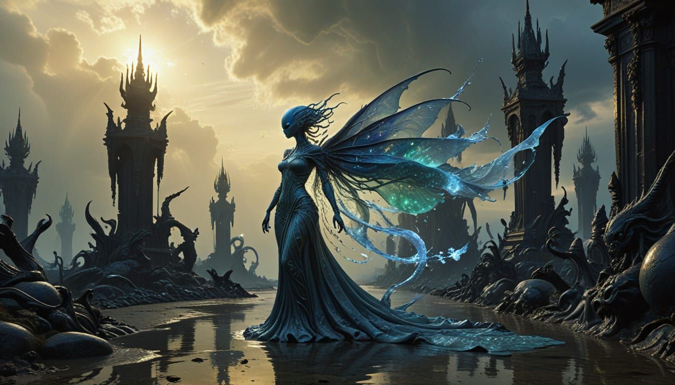 Ethereal Alien Maiden Walks Serenely Beside Ancient Statues