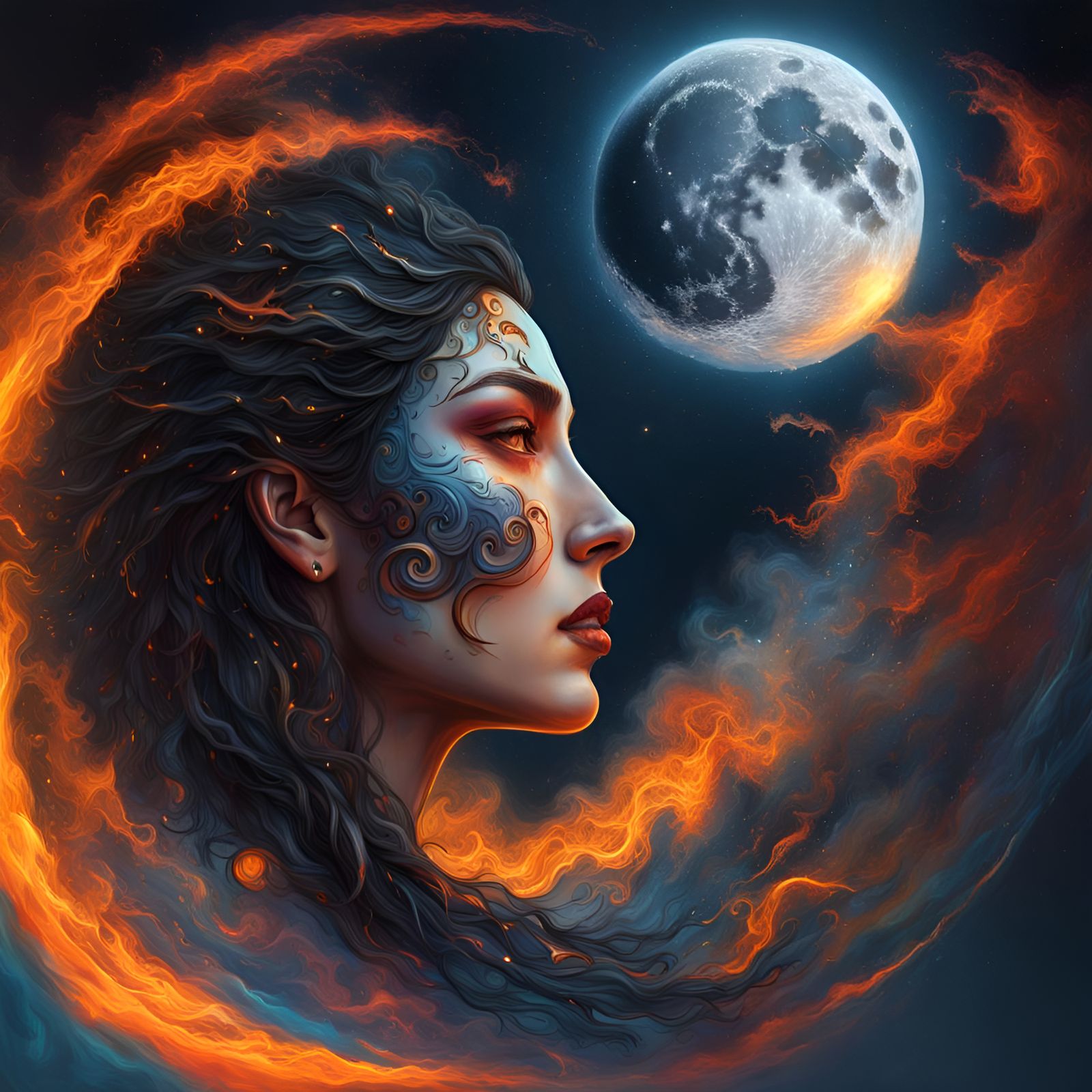 Cosmic Woman with Eyes of Fire in Surreal Setting