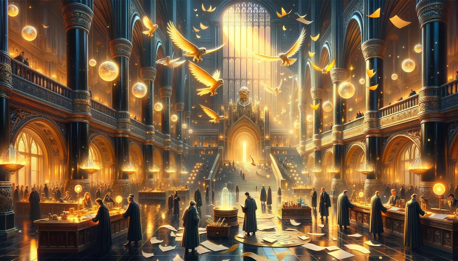 Magical Ministry Hall with Floating Parchment and Glowing Or...